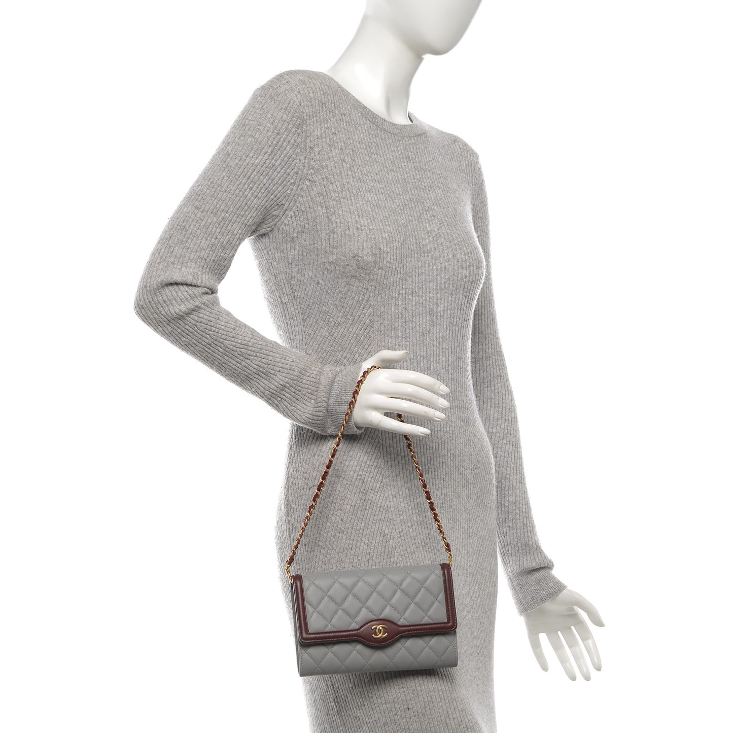 Lambskin Quilted Wallet With Removable Chain Grey Burgundy