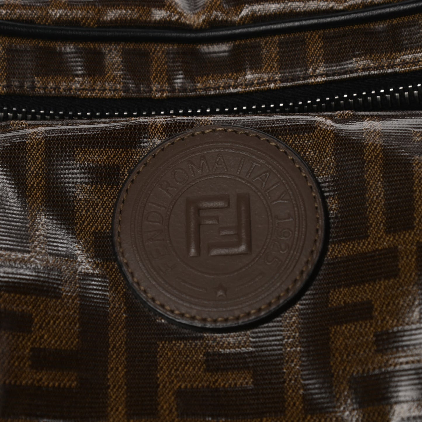 Glazed Fabric Vitello Century FF 1974 Stamp Patch Mens Pocket Belt Bag Mogano Panna Black