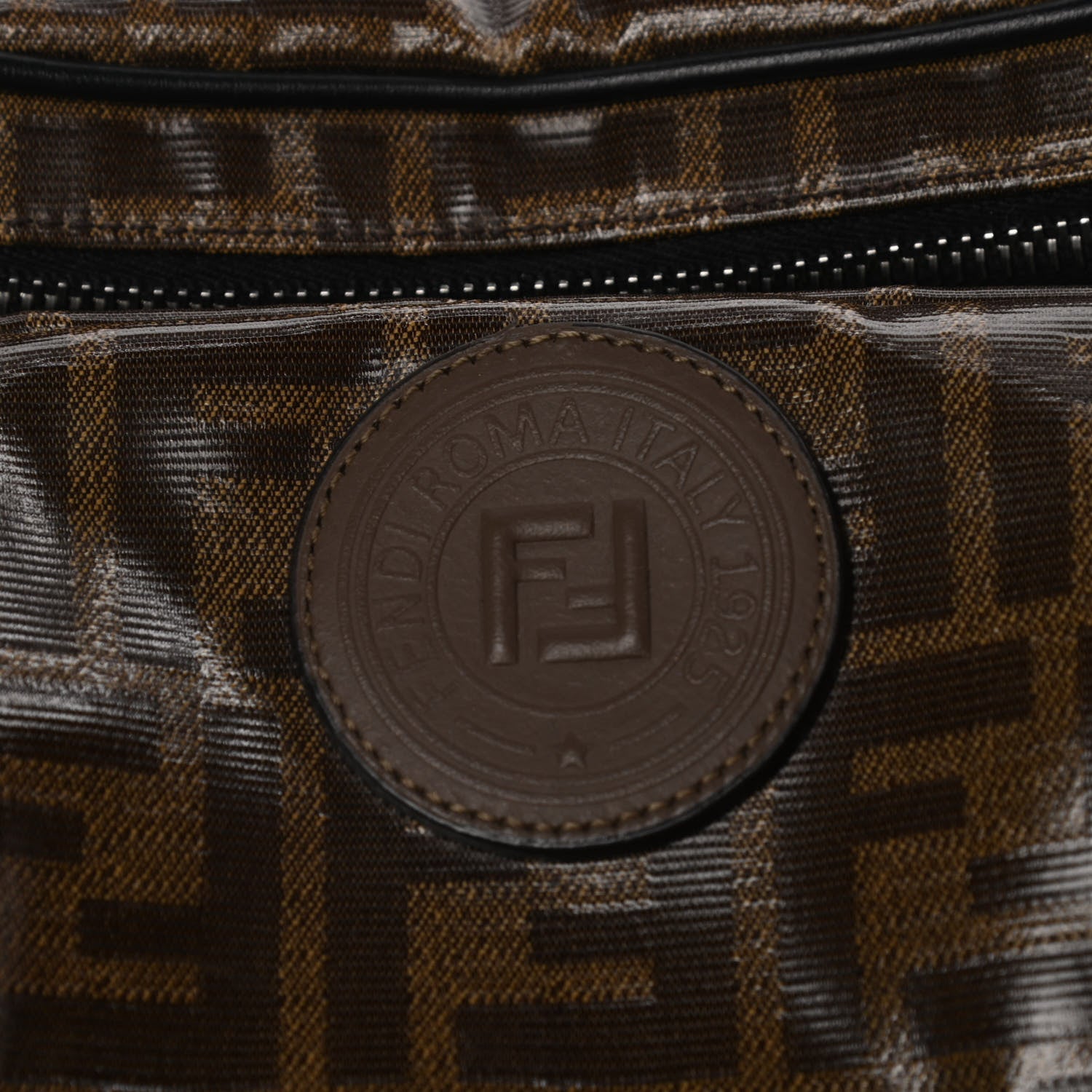 Fendi Glazed Fabric Vitello Century FF 1974 Stamp Patch Mens Pocket Belt Bag Mogano Panna Black 16 of 21