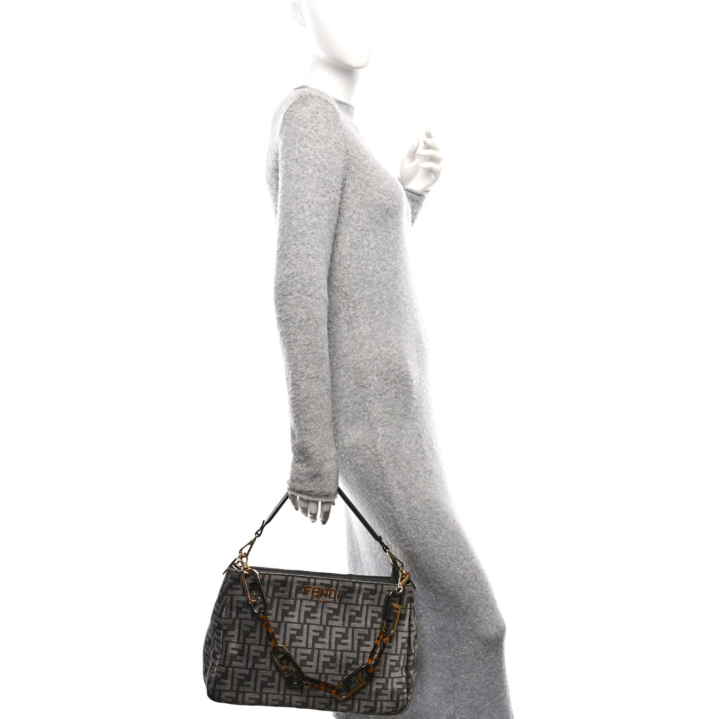 Chenille Vitello Seta Plexiglass FF Fendi O'Lock Zipper Anthracite Asfalto