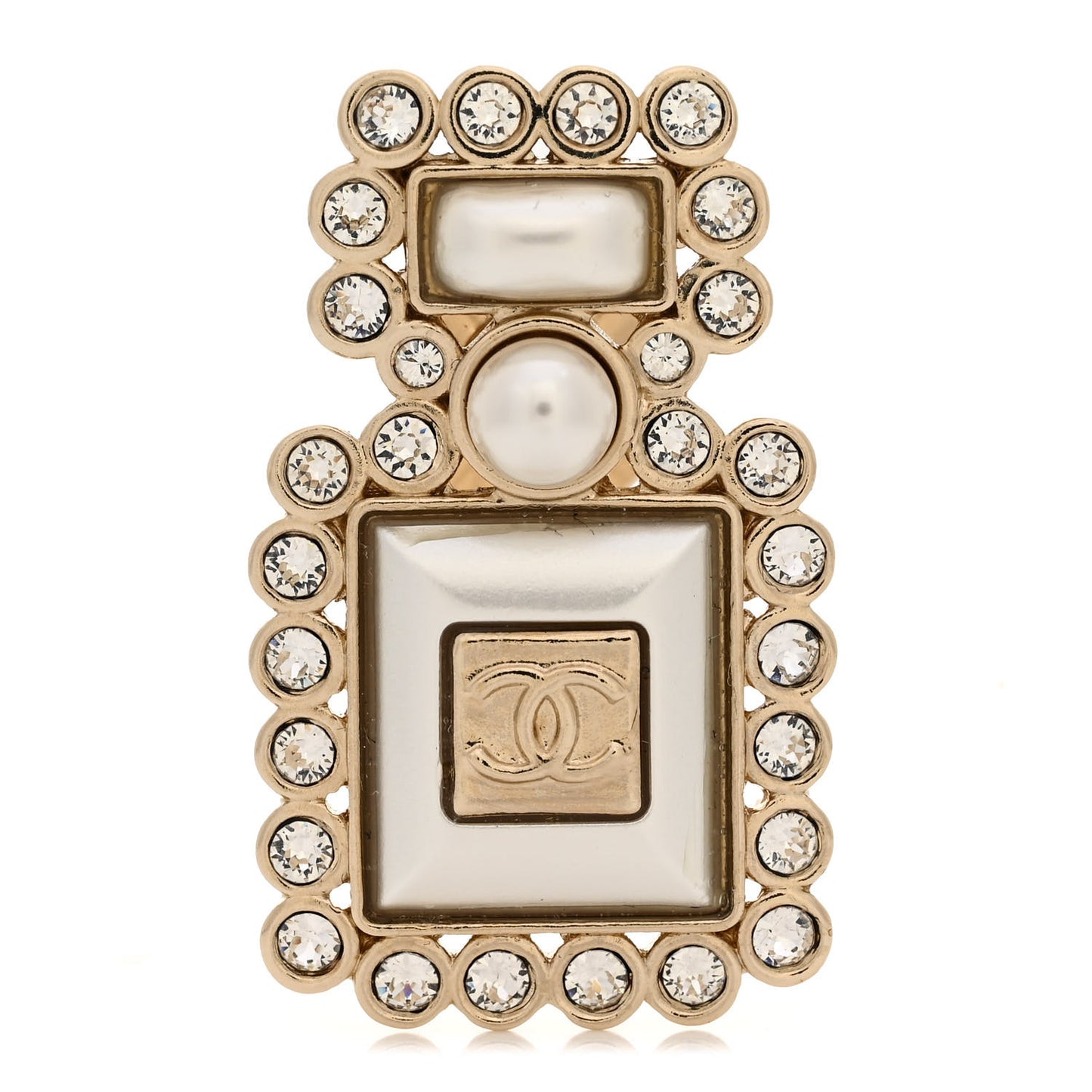 Resin Crystal Pearl Perfume Bottle CC Brooch White Gold