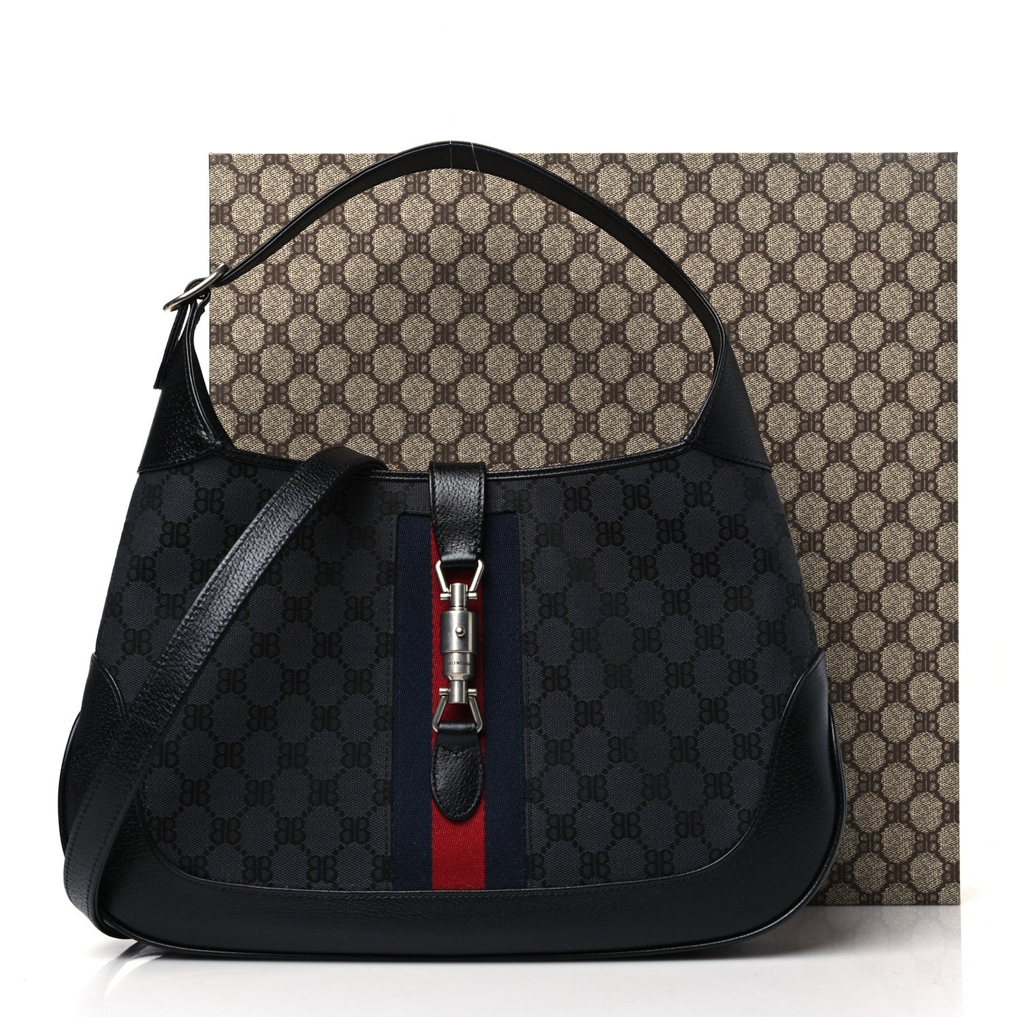 X BALENCIAGA Supreme Monogram Calfskin Web Medium Jackie 1961 Hobo Black