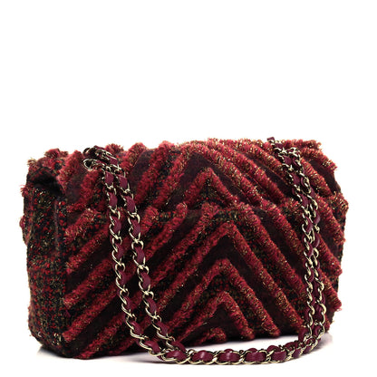 Chanel Tweed Chevron Quilted Medium Flap Red Gold 3 of 9