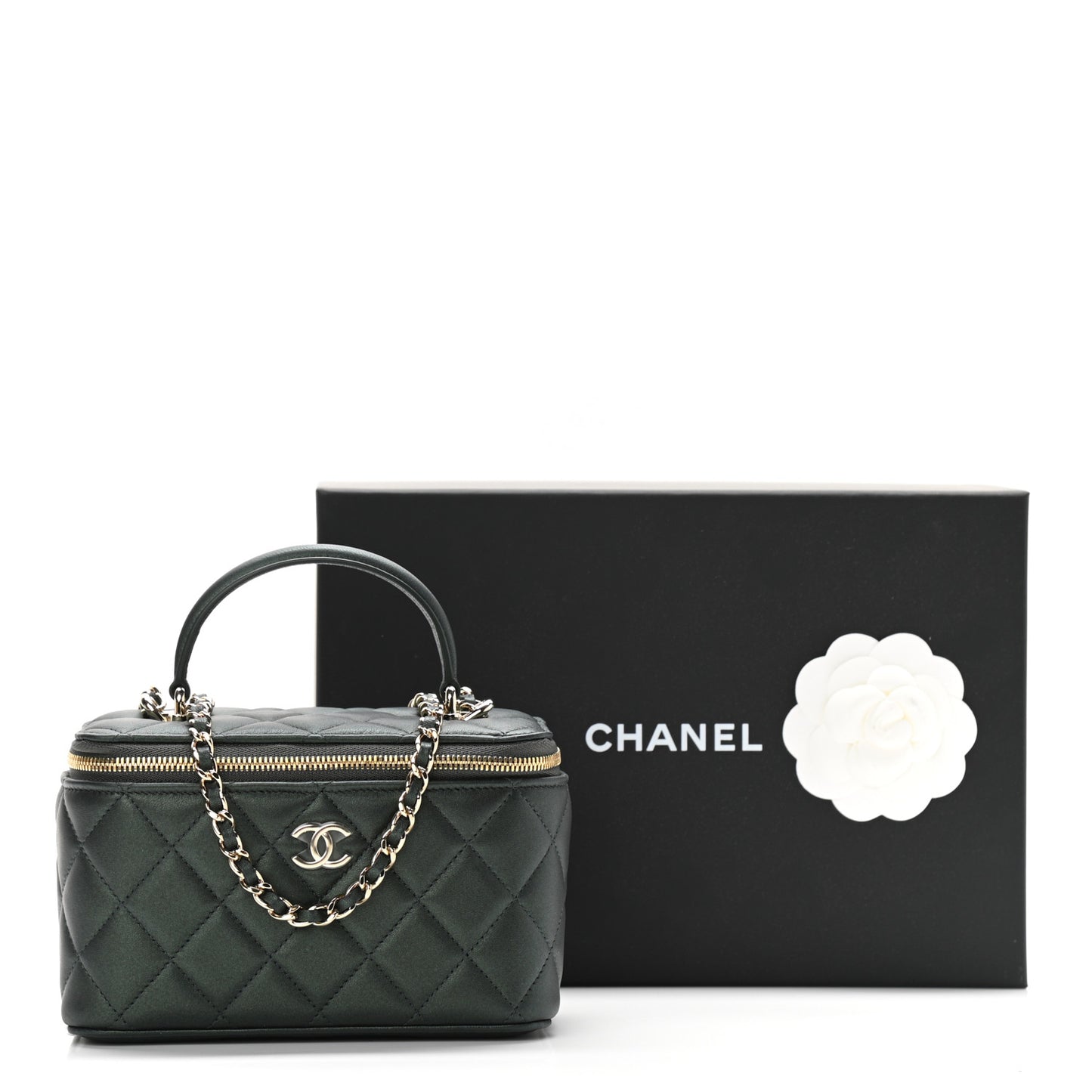 Iridescent Lambskin Quilted Small Top Handle Vanity Case With Chain Green