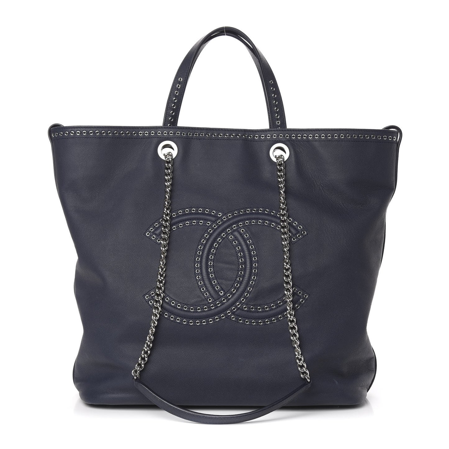 Grained Calfskin Large Coco Eyelets Shopping Tote Navy