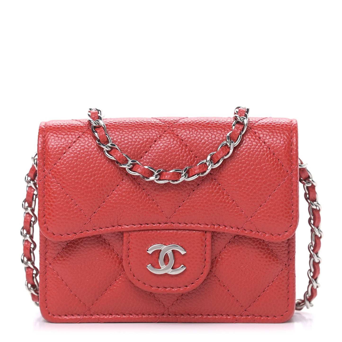 Caviar Quilted Flap Card Holder On Chain Red