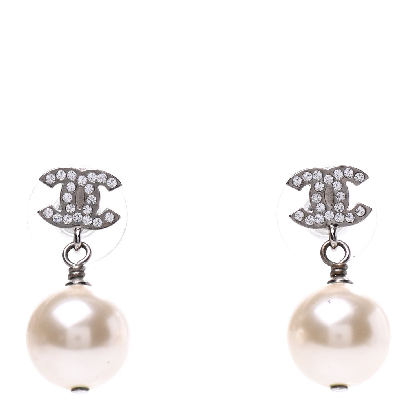 Crystal Pearl CC Drop Earrings Silver Pearly White