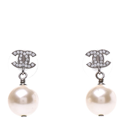 Chanel Crystal Pearl CC Drop Earrings Silver Pearly White 1 of 4