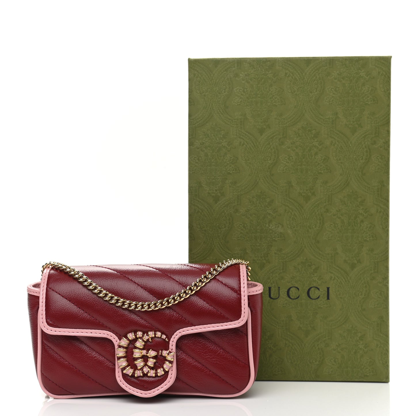 Azalea Calfskin Enamel Matelasse Diagonal Super Mini Torchon GG Marmont Shoulder Bag New Cherry Red Wild Rose