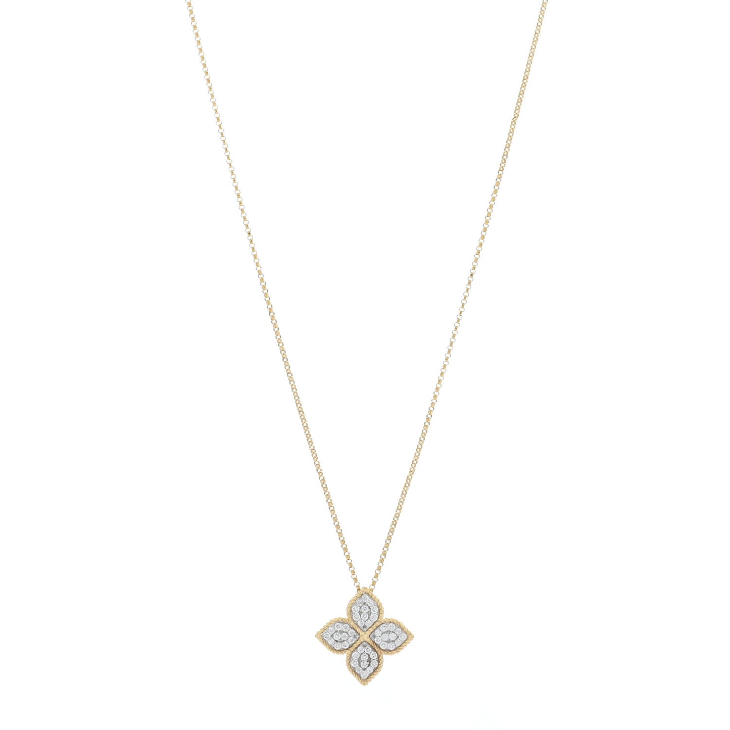 18K Yellow White Gold Diamond Large Princess Flower Pendant Necklace
