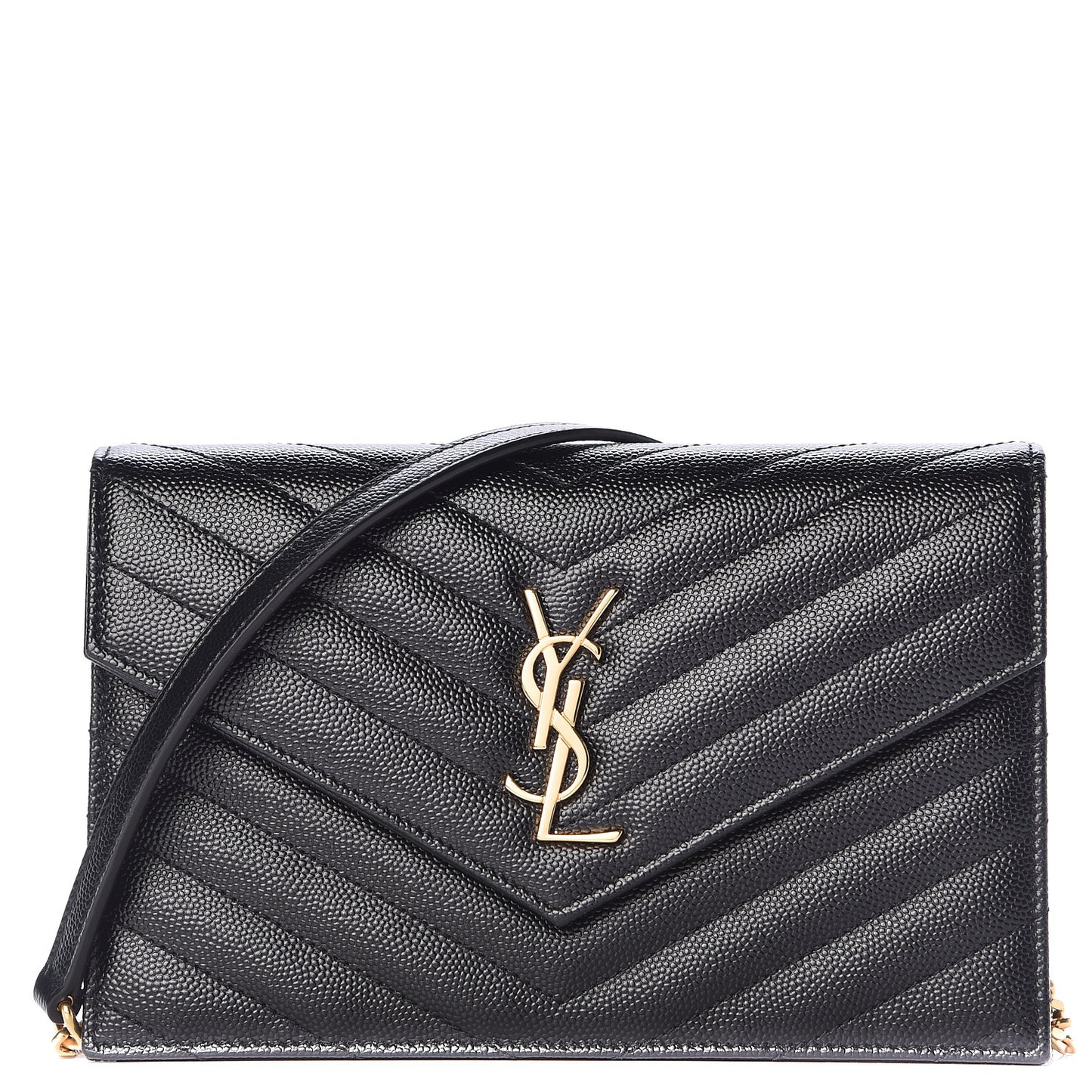 Grain De Poudre Matelasse Chevron Monogram Envelope Chain Wallet Black