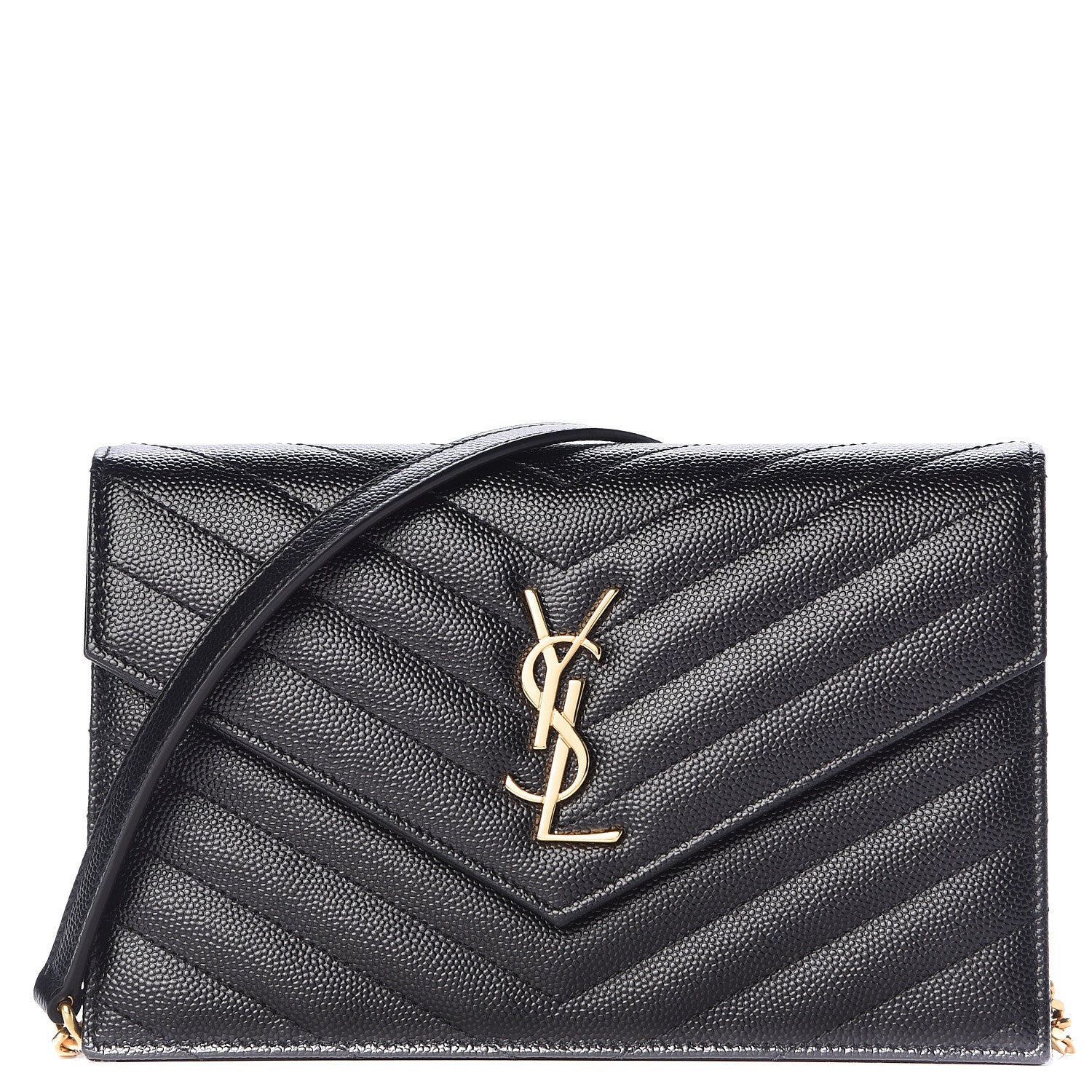 Saint Laurent Grain De Poudre Matelasse Chevron Monogram Envelope Chain Wallet Black 1 of 10