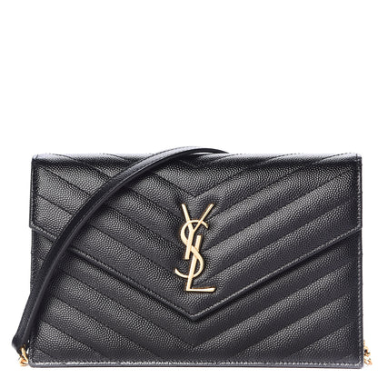 Saint Laurent Grain De Poudre Matelasse Chevron Monogram Envelope Chain Wallet Black 1 of 10