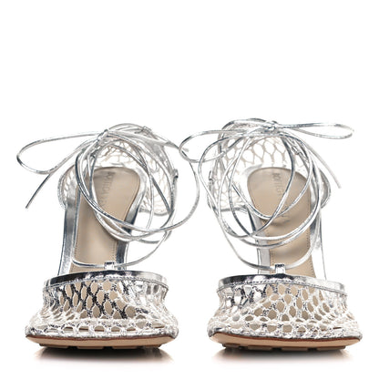 Bottega Veneta Mesh Metallic Nappa Stretch Ankle Tie Sandals 38 Silver 2 of 8