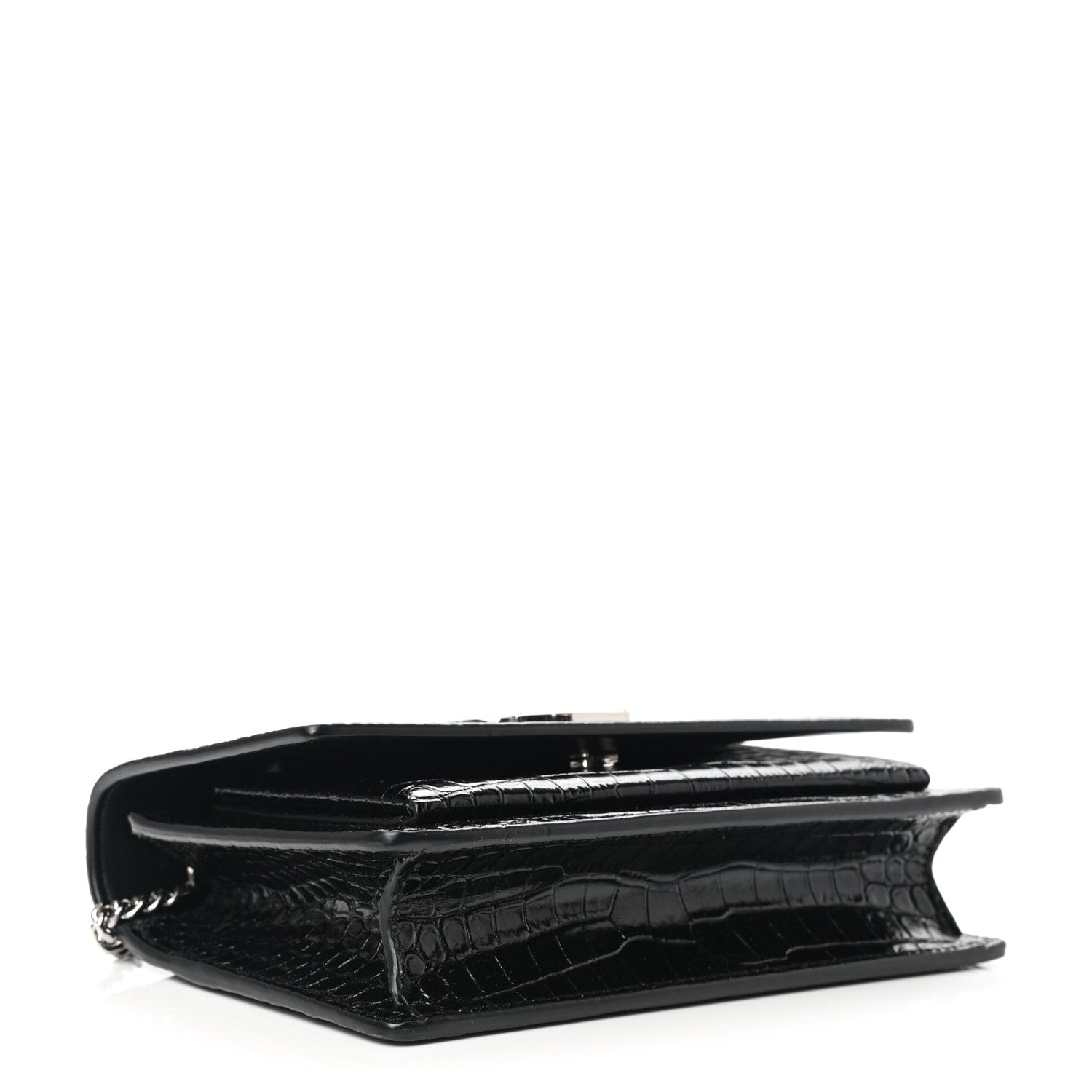 Saint Laurent Calfskin Crocodile Embossed Monogram Sunset Top Handle Chain Wallet Black 4 of 9