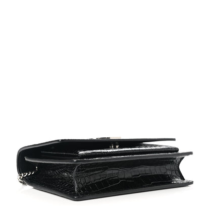 Saint Laurent Calfskin Crocodile Embossed Monogram Sunset Top Handle Chain Wallet Black 4 of 9