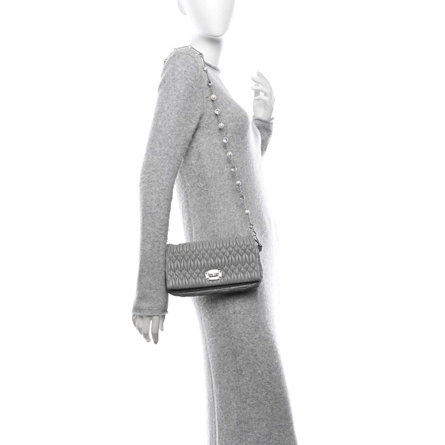 Nappa Matelasse Crystal Pearl Flap Clutch Grey