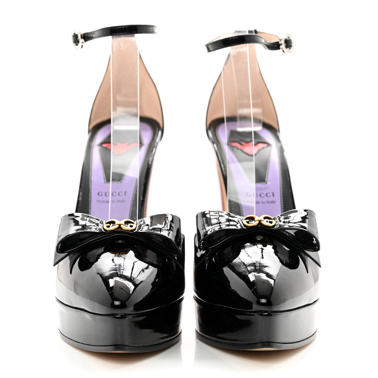 Gucci Patent Crystal GG Bow Sadie Spike Ankle Strap d'Orsay Platform High Heel Pumps 40 Black 2 of 9
