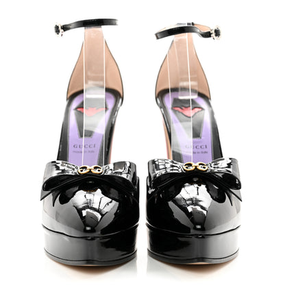 Gucci Patent Crystal GG Bow Sadie Spike Ankle Strap d'Orsay Platform High Heel Pumps 40 Black 2 of 9