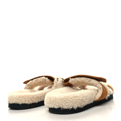 Hermes Suede Goatskin Woolskin Womens Chypre Sandals 37.5 Naturel Ecru 4 of 7