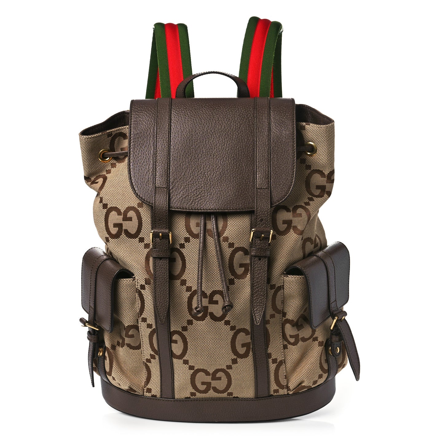 Monogram Jumbo GG Textured Dollar Calfskin Web Double Buckle Backpack Camel Ebony New Acero