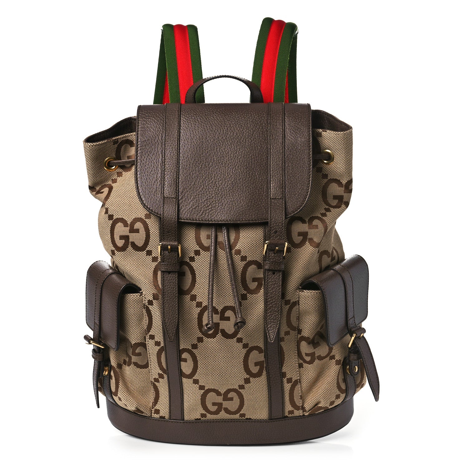 Gucci Monogram Jumbo GG Textured Dollar Calfskin Web Double Buckle Backpack Camel Ebony New Acero 1 of 12