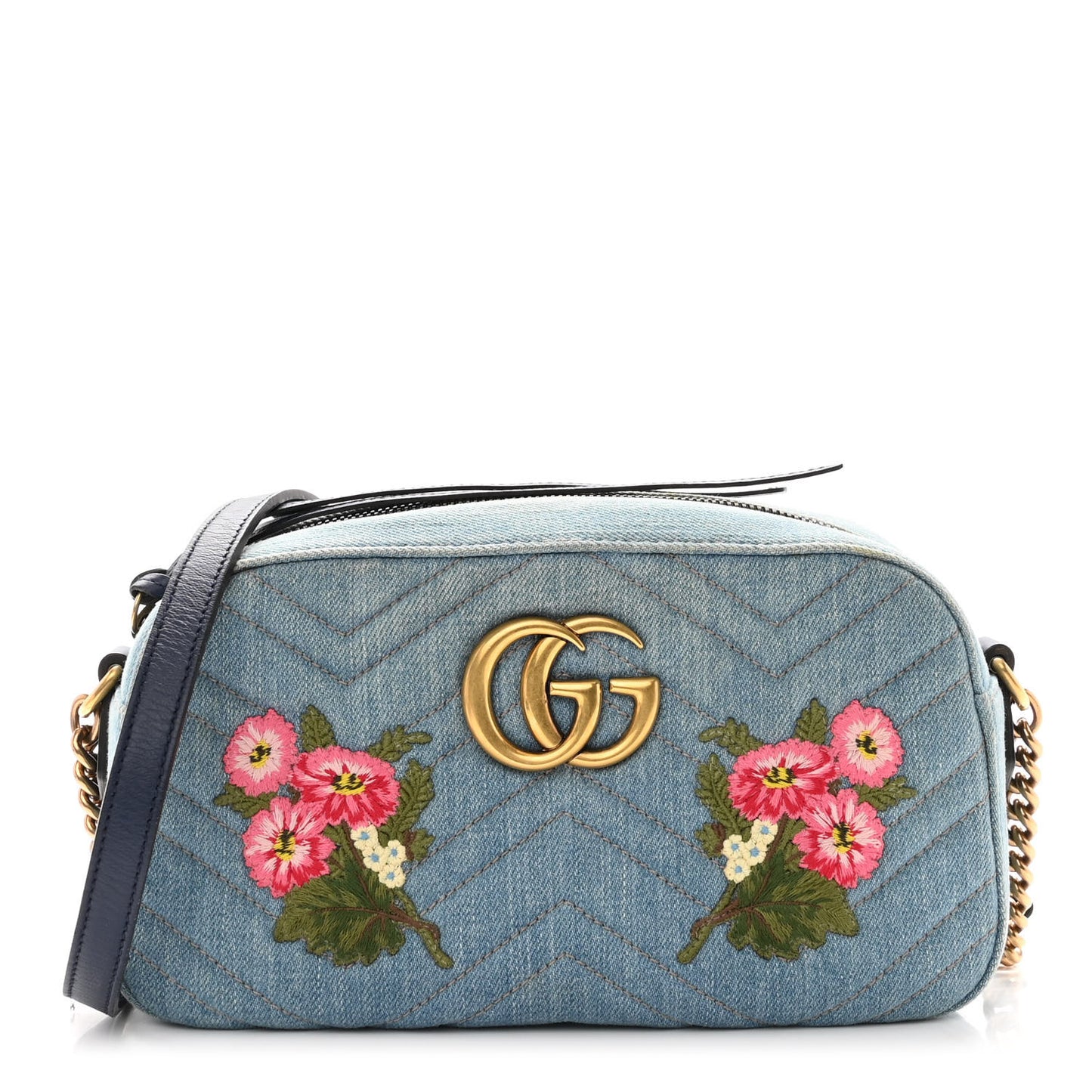 Denim Matelasse Embroidered Small GG Marmont Chain Shoulder Bag Blue