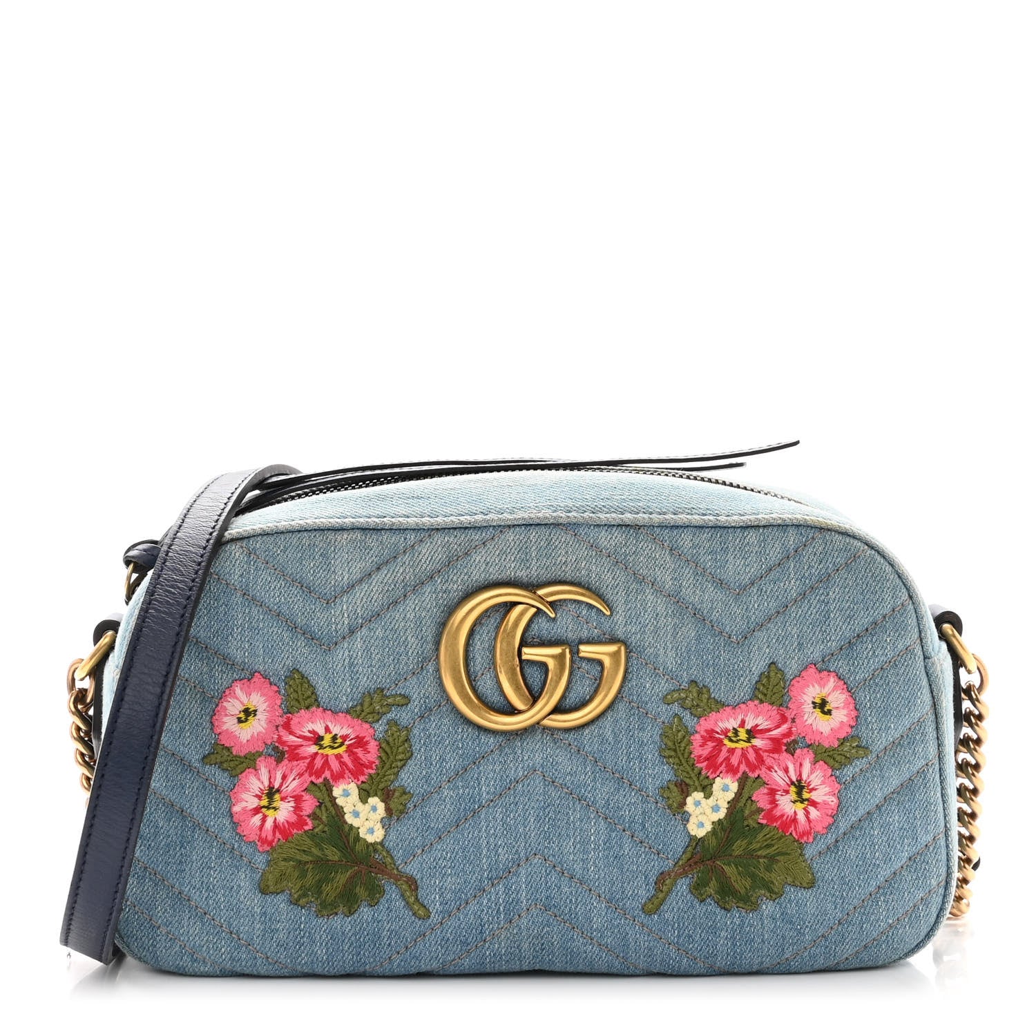 Gucci Denim Matelasse Embroidered Small GG Marmont Chain Shoulder Bag Blue 1 of 14