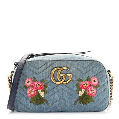 Gucci Denim Matelasse Embroidered Small GG Marmont Chain Shoulder Bag Blue 1 of 14