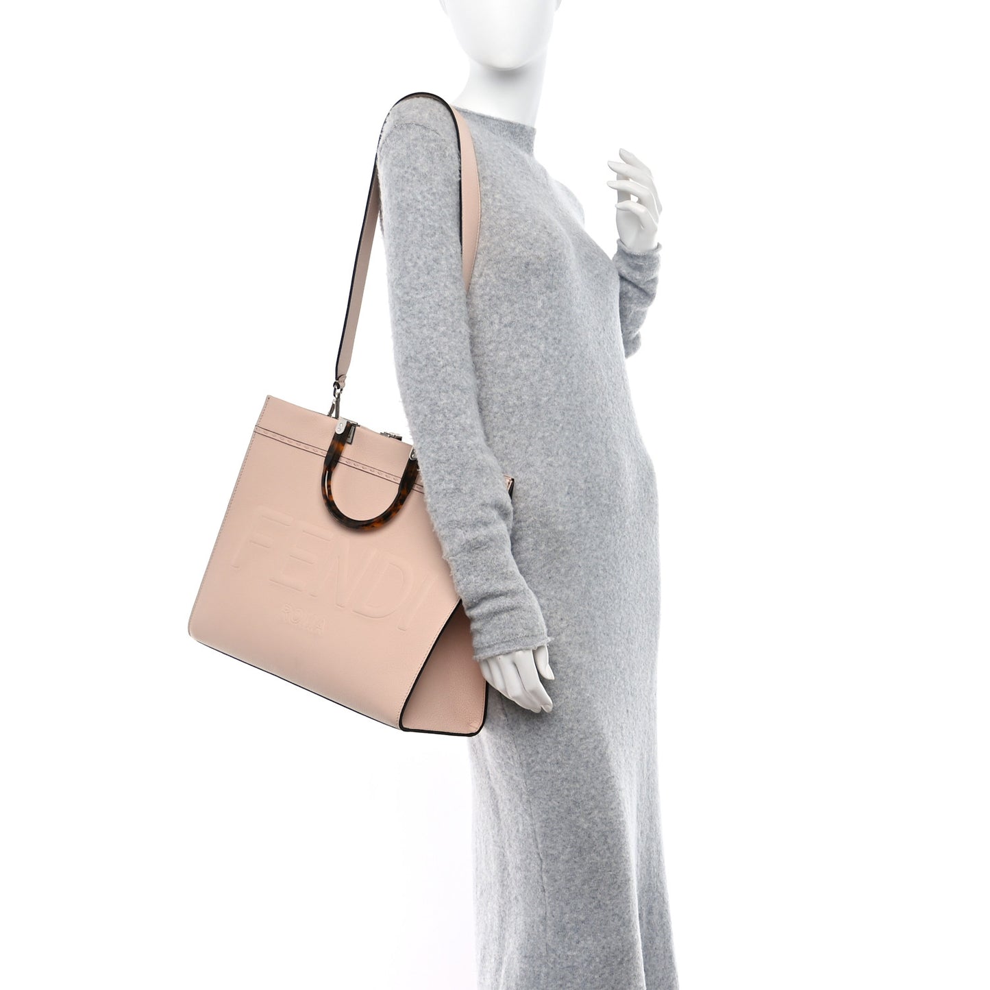 Vitello King Plexiglass Logo Embossed Medium Fendi Sunshine Shopper Tote Light Rose