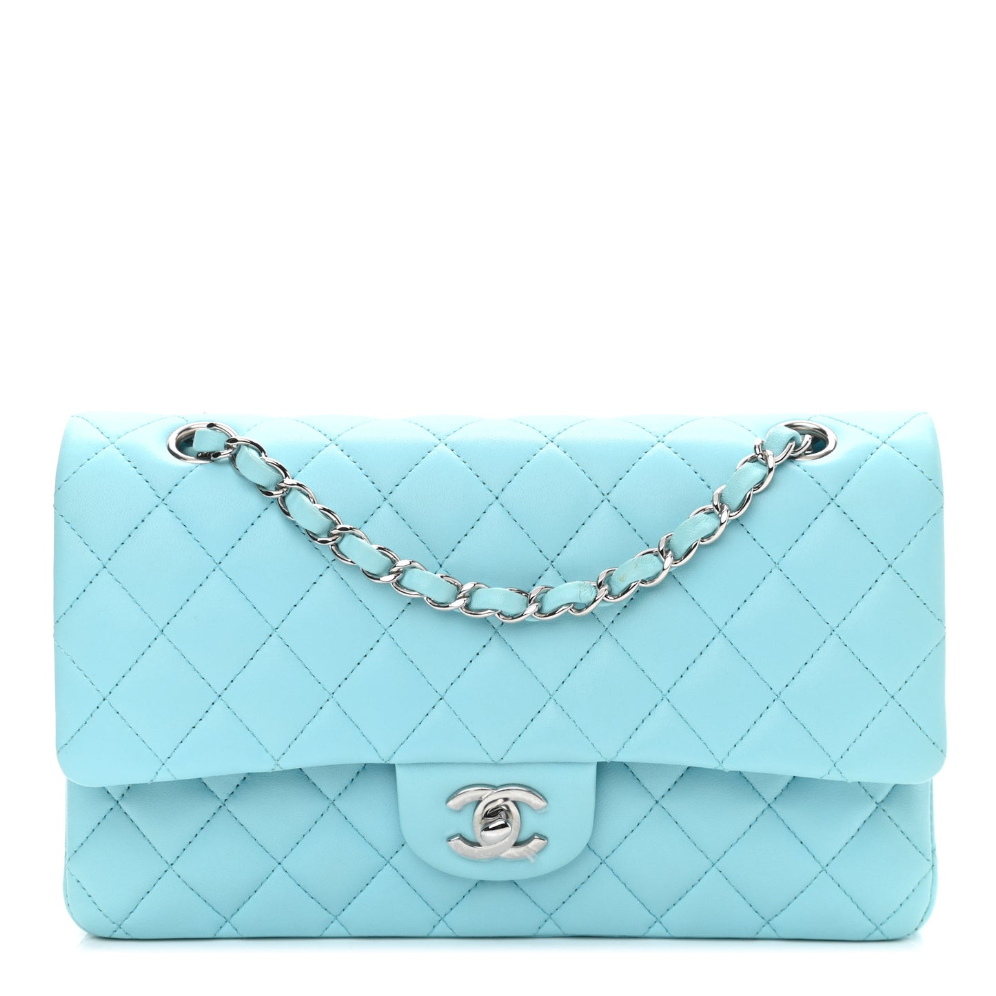 Lambskin Quilted Medium Double Flap Neon Blue