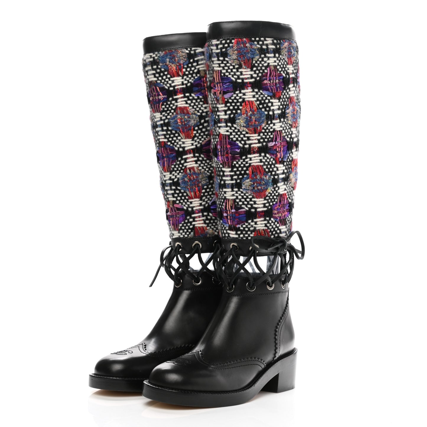Tweed Calfskin Lace Up Knee Boots 35 Black White Multicolor