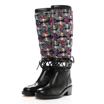 Chanel Tweed Calfskin Lace Up Knee Boots 35 Black White Multicolor 3 of 6