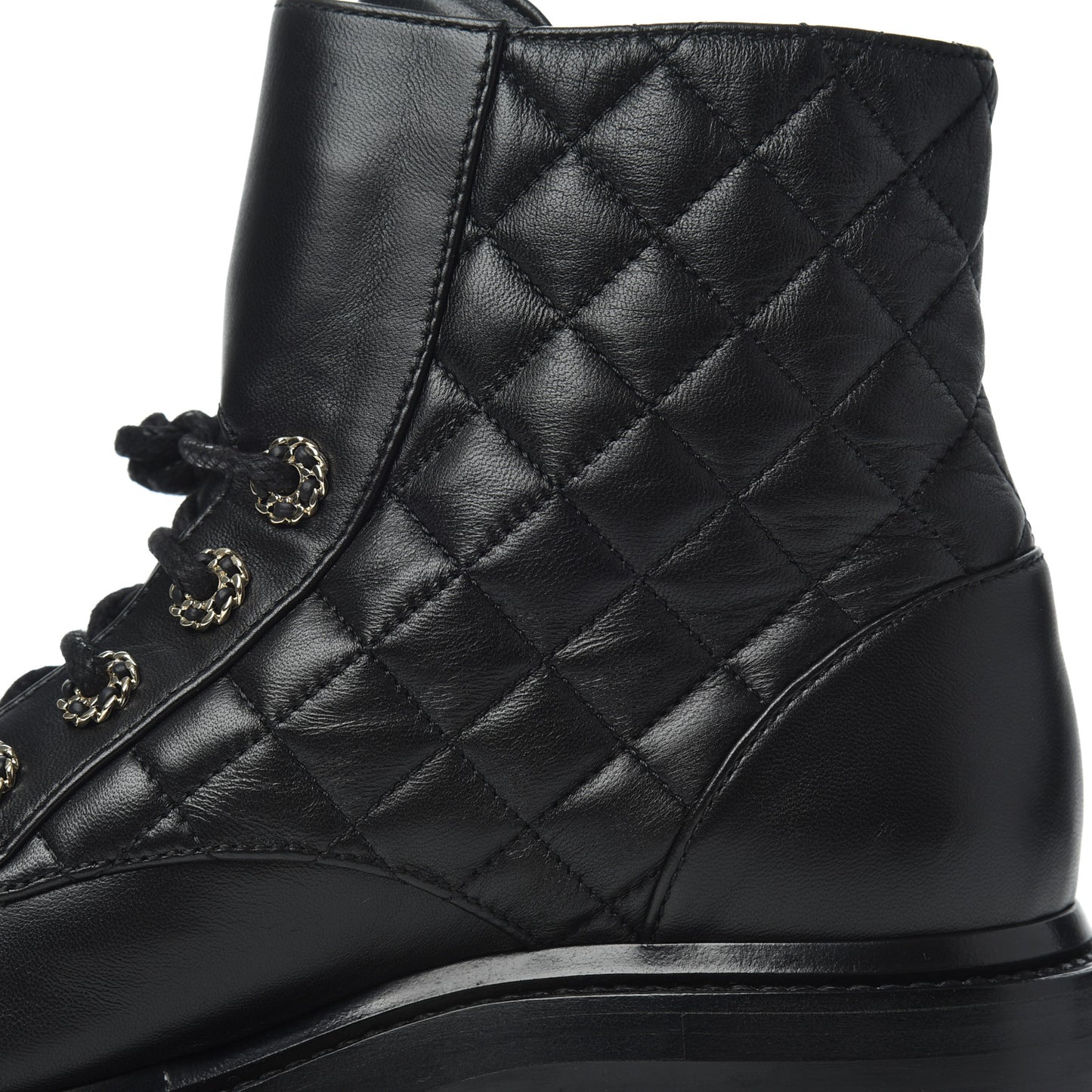 Shiny Lambskin Quilted Lace Up Combat Boots 36.5 Black