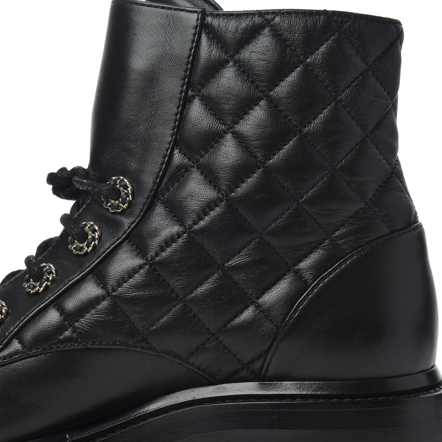 Chanel Shiny Lambskin Quilted Lace Up Combat Boots 36.5 Black 10 of 17