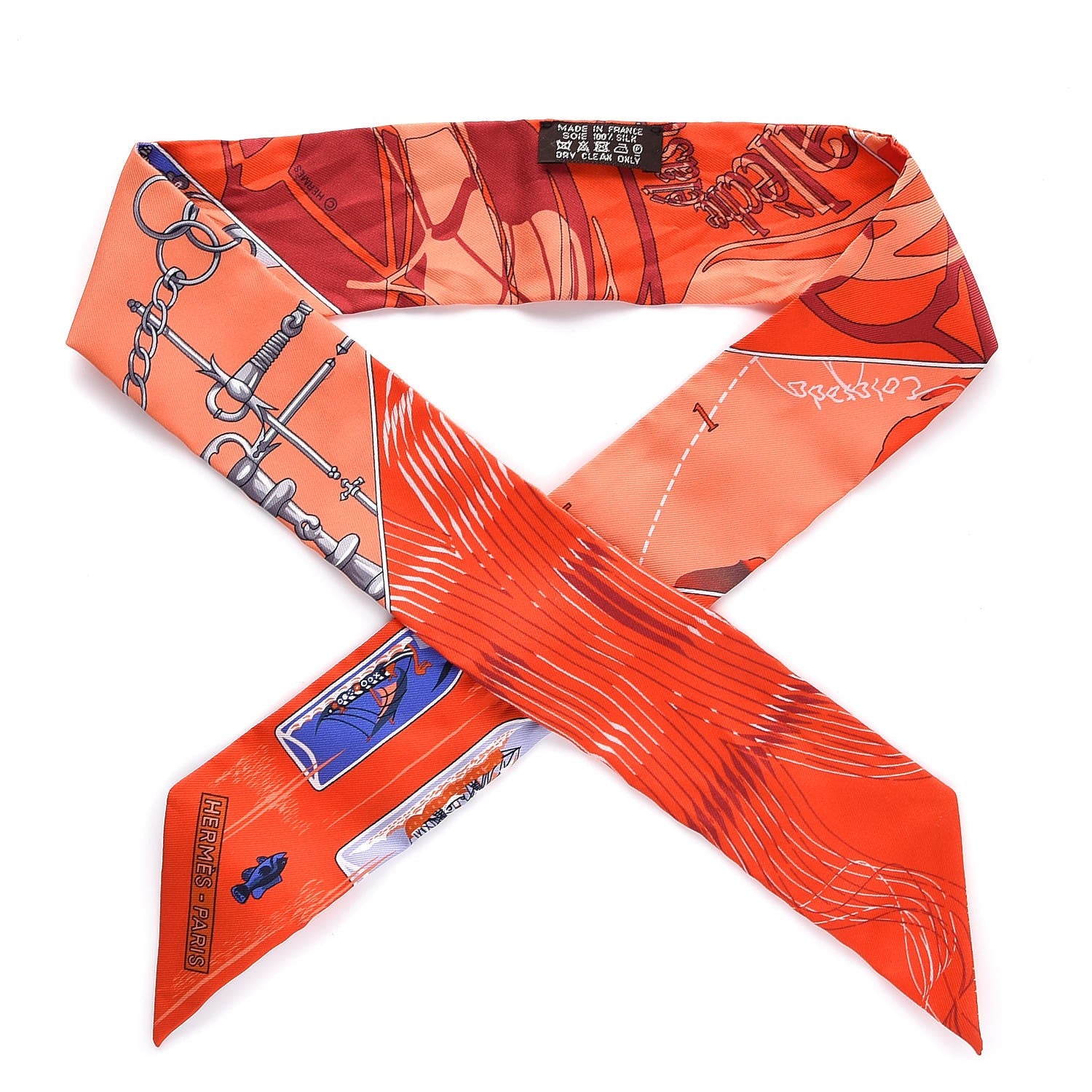 Hermes Silk Caleche Mors Et Bouteilles Twilly Vermilion Corail Bleu 1 of 6