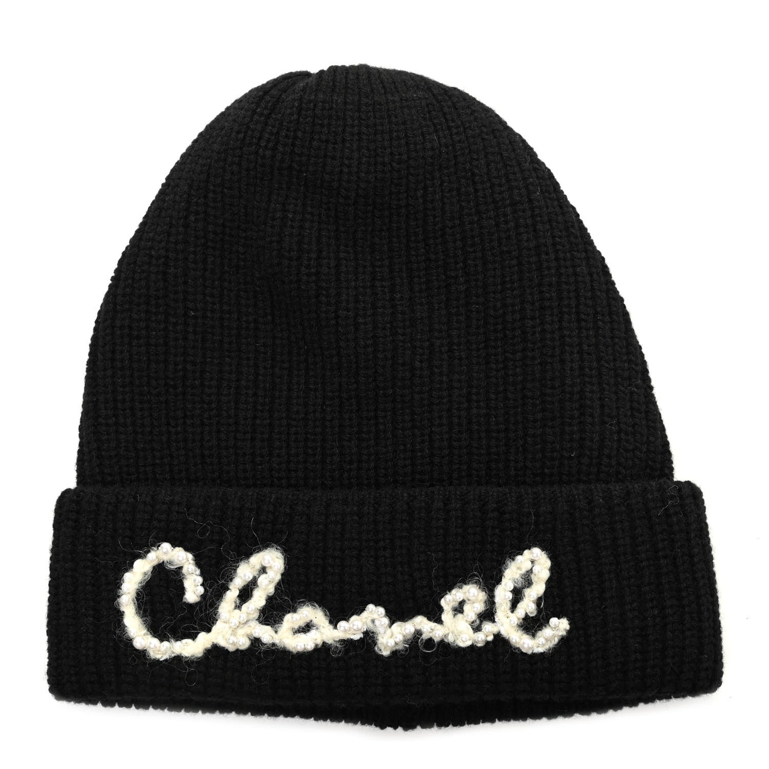 Chanel Cashmere Embroidered Beanie Hat Black White 1 of 5