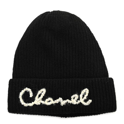 Chanel Cashmere Embroidered Beanie Hat Black White 1 of 5