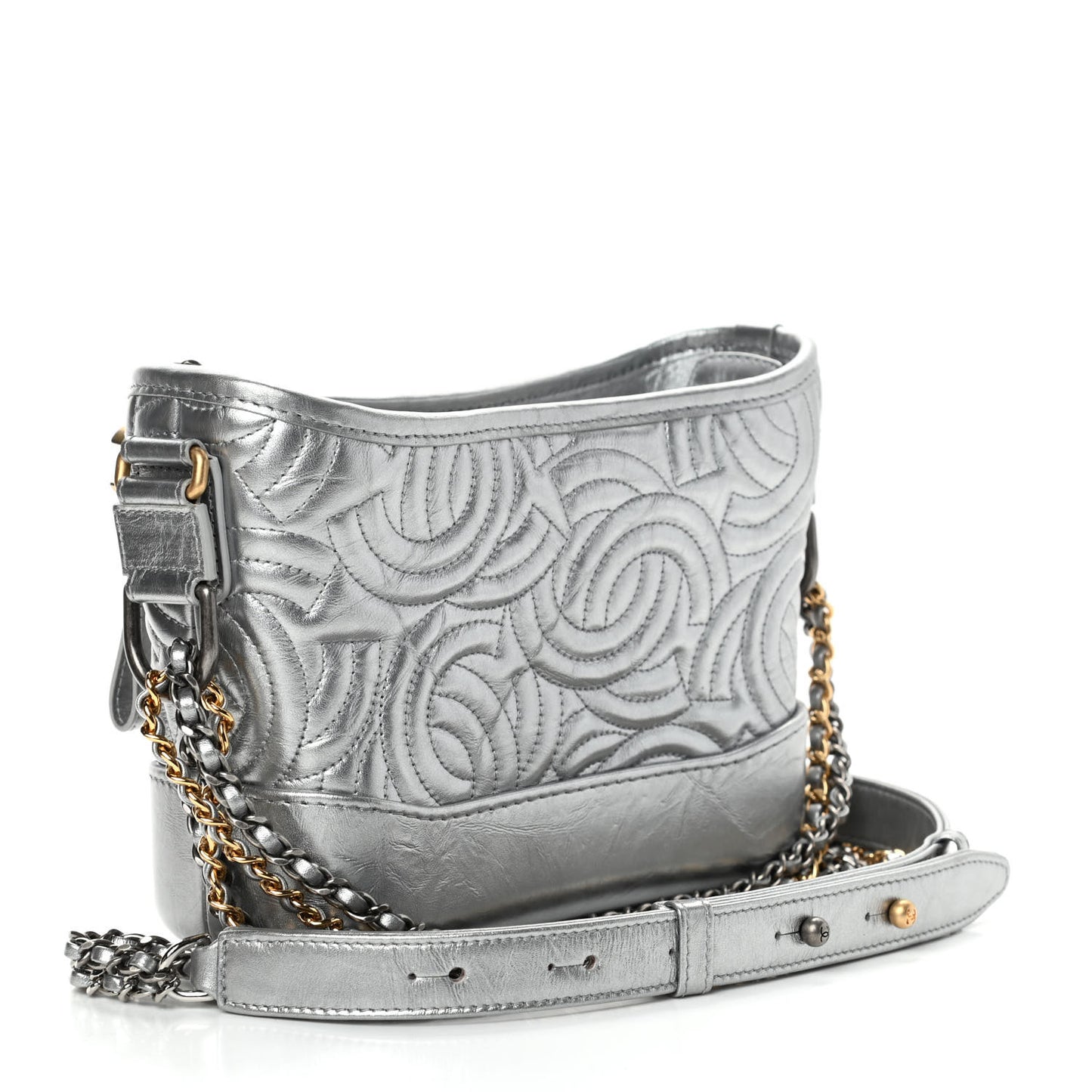 Metallic Aged Calfskin CC Quilted Small Gabrielle Hobo Dark Silver