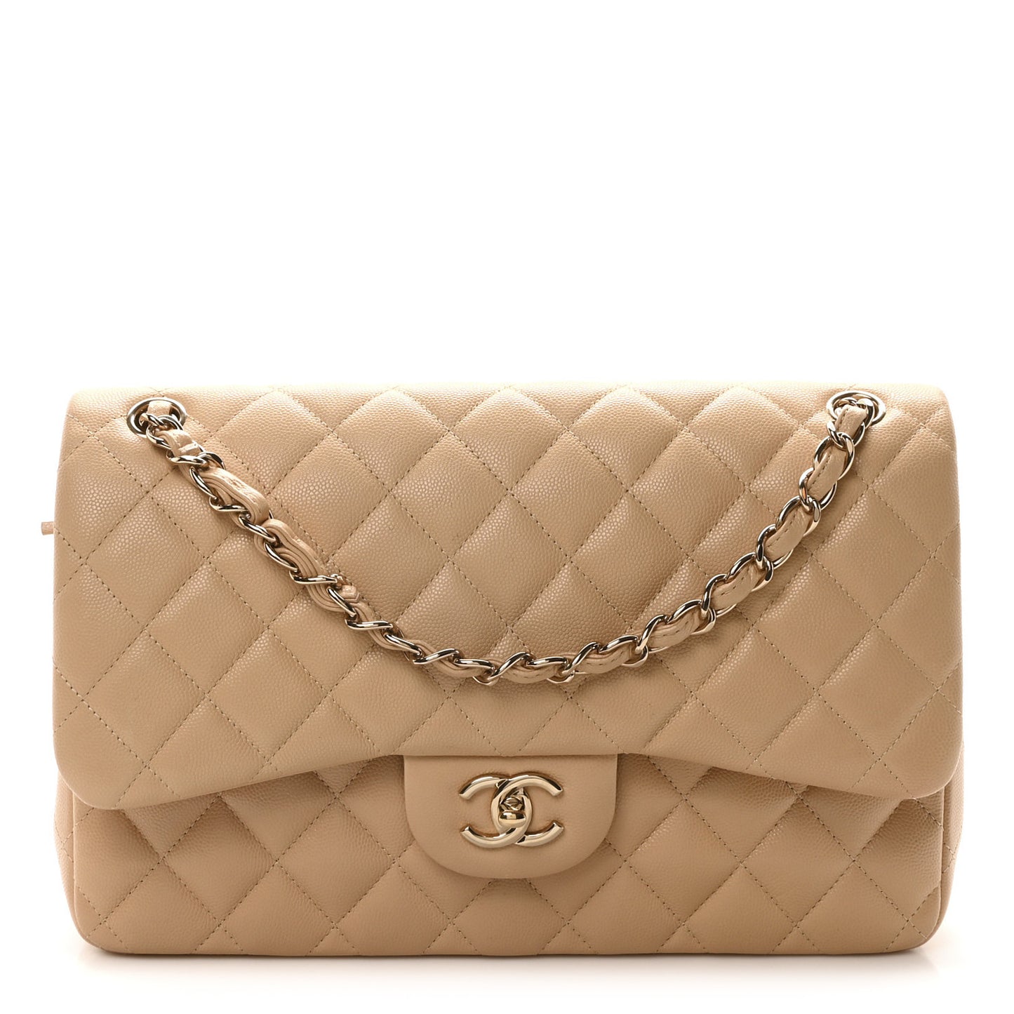 Caviar Quilted Jumbo Double Flap Beige Clair