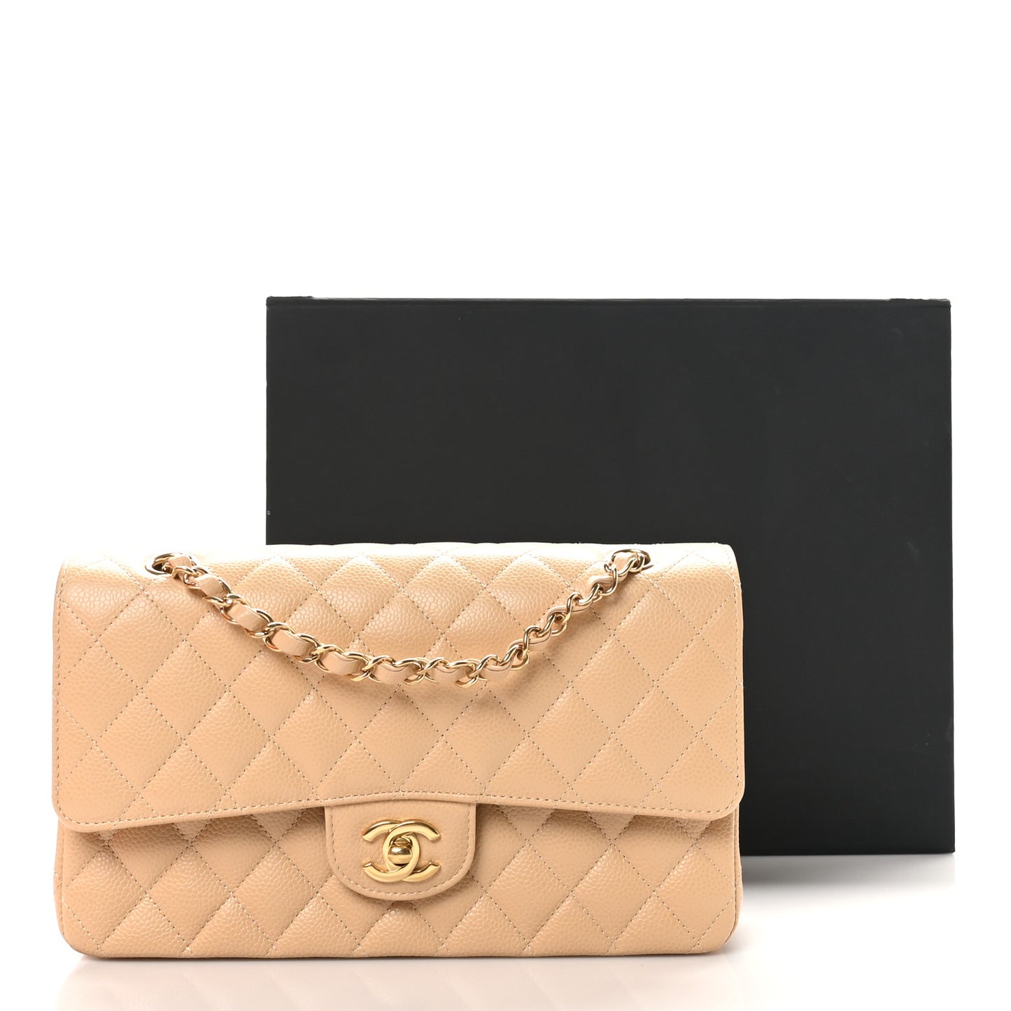 Caviar Quilted Medium Double Flap Beige