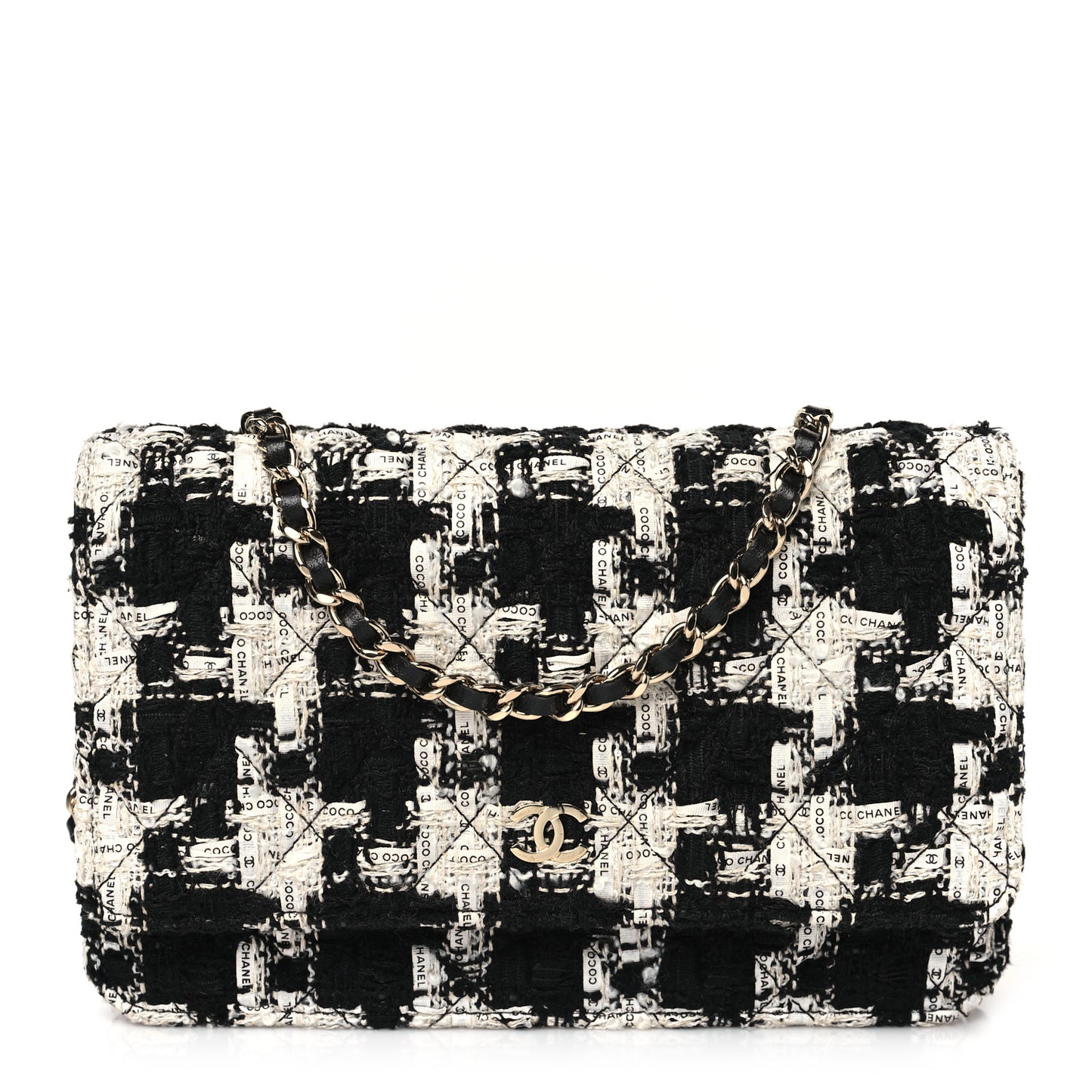 Tweed Quilted Wallet On Chain WOC Black Ecru White