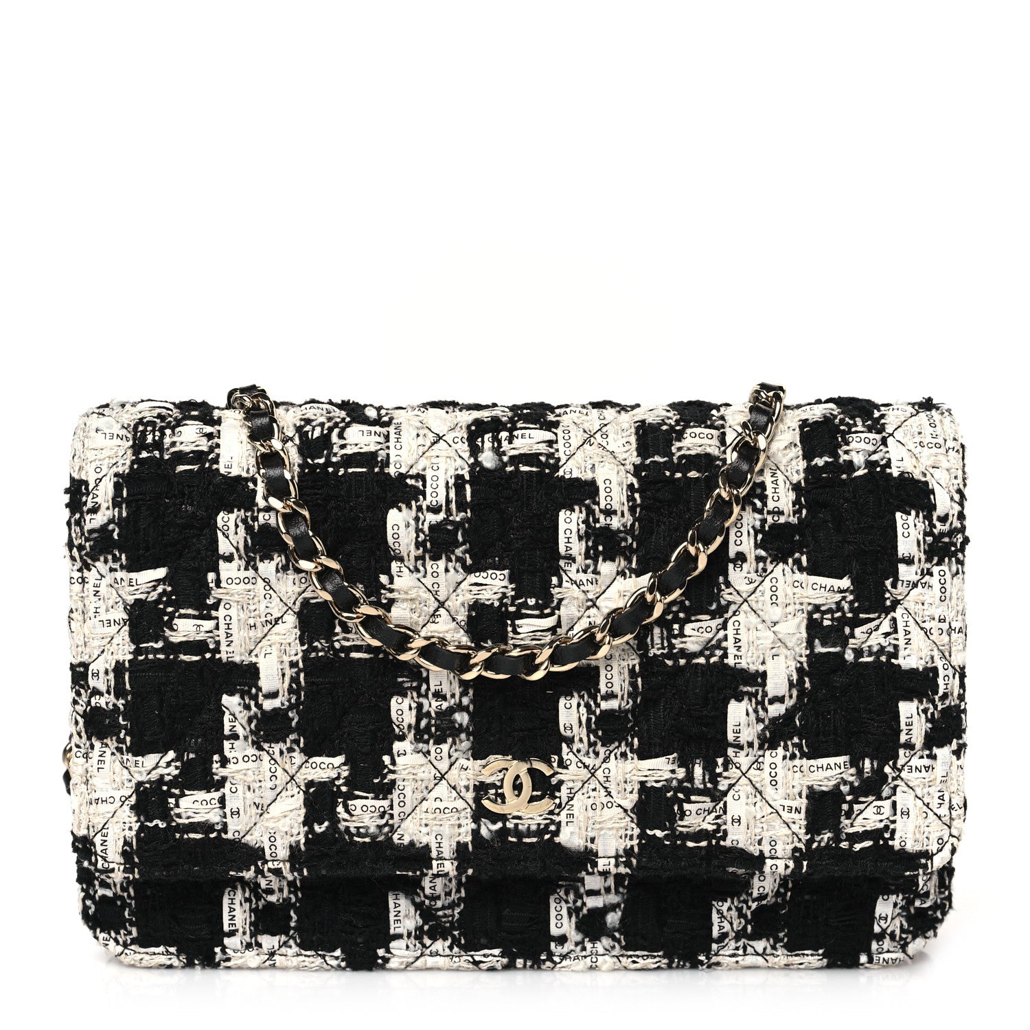Chanel Tweed Quilted Wallet On Chain WOC Black Ecru White 1 of 10