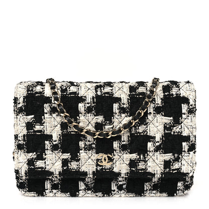 Chanel Tweed Quilted Wallet On Chain WOC Black Ecru White 1 of 10
