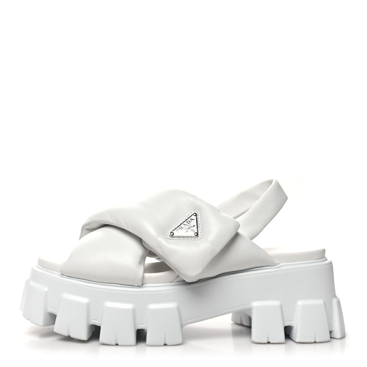 Nappa Soft Metal Triangle Logo Padded Monolith 55mm Slingback Sandals 37.5 White