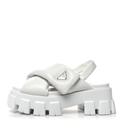 Prada Nappa Soft Metal Triangle Logo Padded Monolith 55mm Slingback Sandals 37.5 White 1 of 8