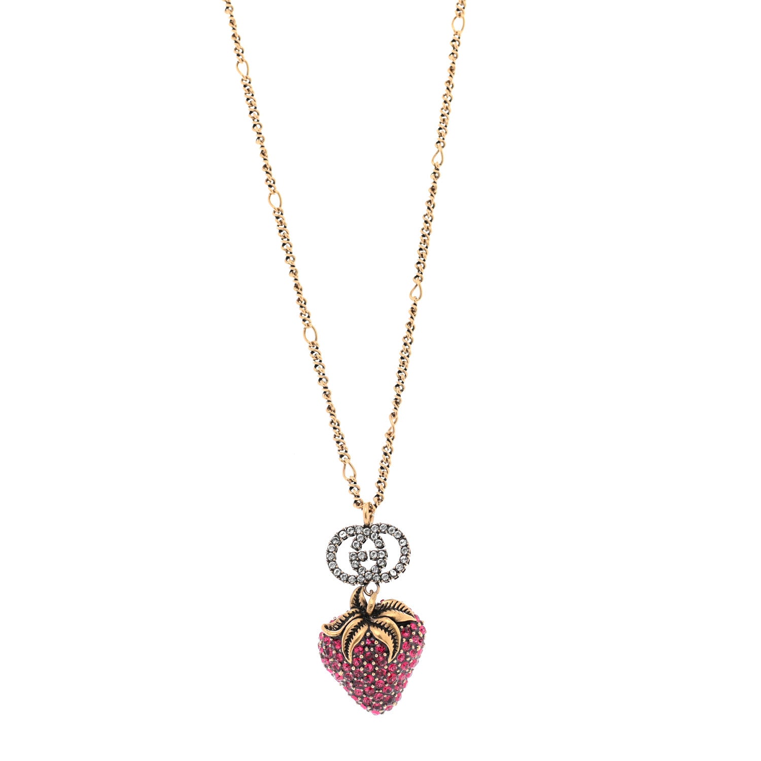 Gucci Crystal Embellished Strawberry Necklace Red Aged Gold 1 of 7