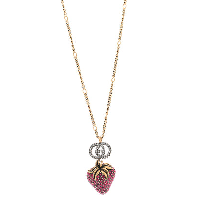Gucci Crystal Embellished Strawberry Necklace Red Aged Gold 1 of 7