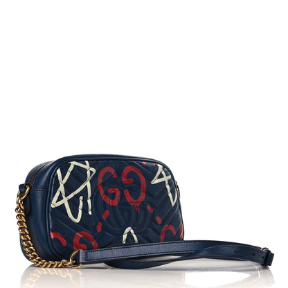 Gucci Calfskin Matelasse GucciGhost Small GG Marmont Chain Shoulder Bag Blue Agata Hibiscus Red 3 of 10