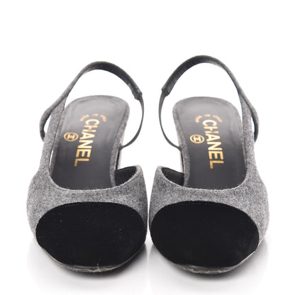 Chanel Wool Velvet Cap Toe CC Slingback Pumps 35.5 Black Grey 2 of 9